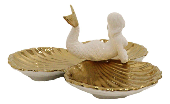 Ebros Mermaid With Three Golden Clam Shells Jewelry Dish Holder Figurine 9" L Art Nouveau Decor