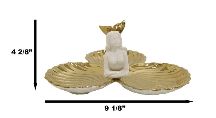 Ebros Mermaid With Three Golden Clam Shells Jewelry Dish Holder Figurine 9" L Art Nouveau Decor