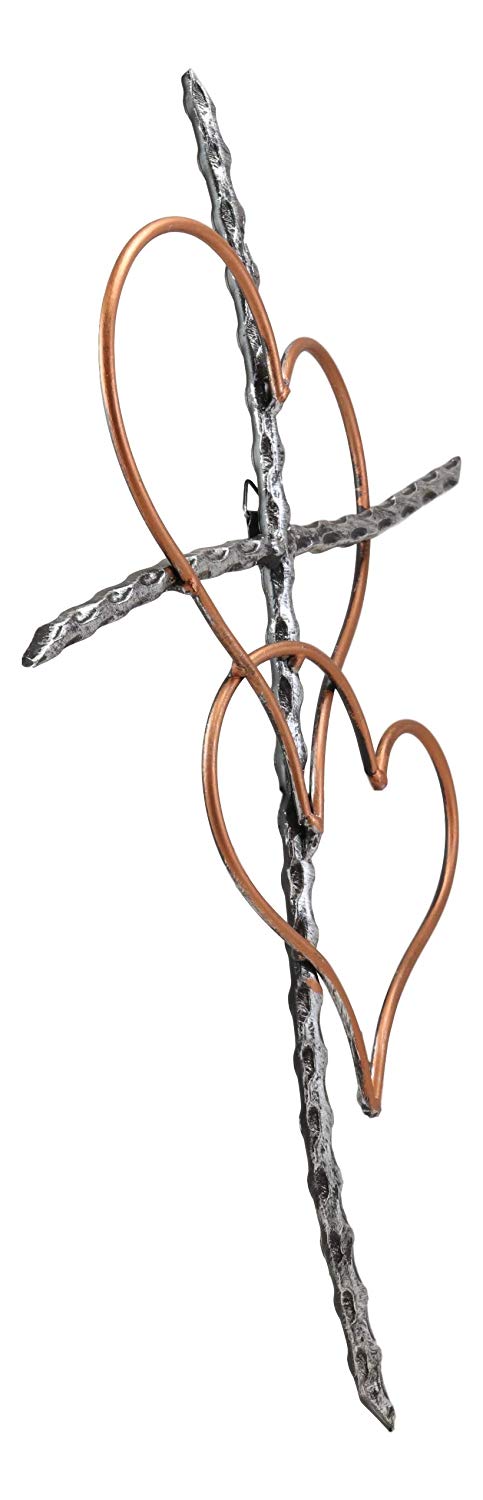 Ebros Metal Silver Rope Wire Sticks And 2 Golden Hearts Of Love Wall Hanging Cross Decor Plaque Vintage Art Sculpture 19.75" Tall Catholic Christian Accent Decorative Crosses