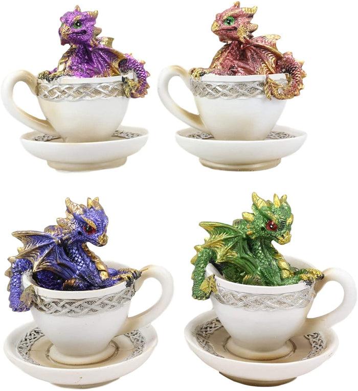 Ebros Metallic Baby Wyrmling Dragons In Tea Cups With Saucers Figurine Set 4.5"H