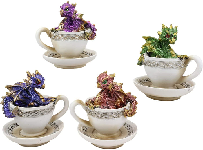 Ebros Metallic Baby Wyrmling Dragons In Tea Cups With Saucers Figurine Set 4.5"H