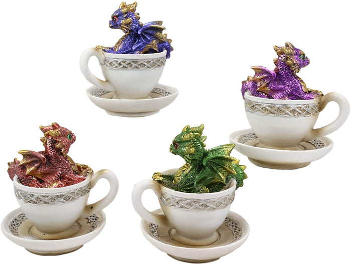 Ebros Metallic Baby Wyrmling Dragons In Tea Cups With Saucers Figurine Set 4.5"H
