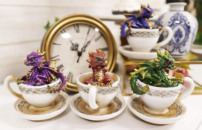 Ebros Metallic Baby Wyrmling Dragons in Tea Cups with Saucers Figurine Set 4.5"H