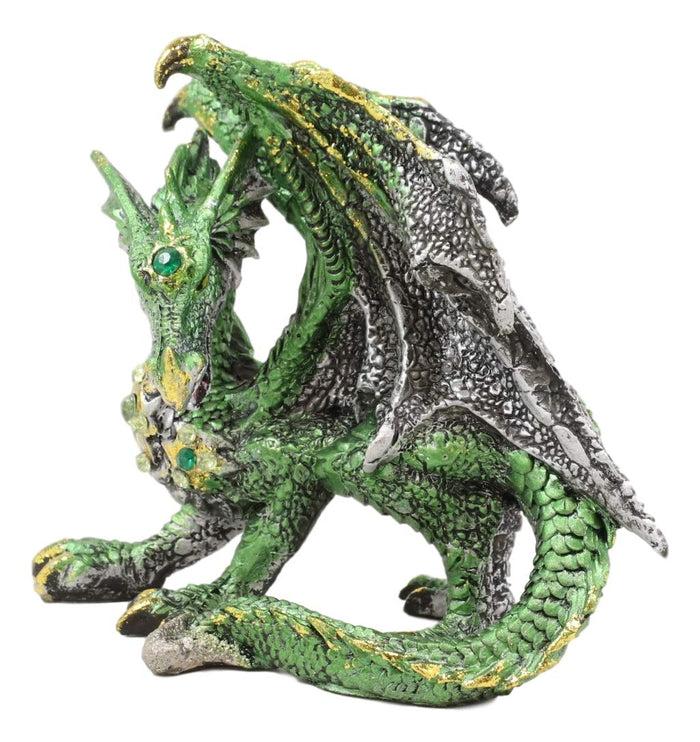 Ebros Metallic Green And Silver Crouching Emerald Dragon Statue 4.75" Long Figurine