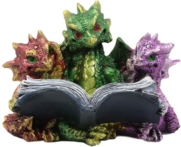 Ebros Metallic Three Bookworms Baby Dragons Reading Wyrmlings Figurine 3.25"H