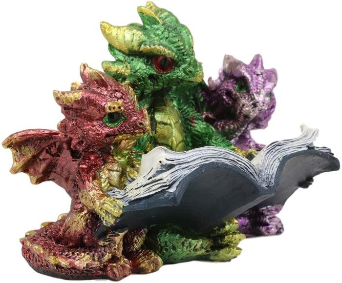 Ebros Metallic Three Bookworms Baby Dragons Reading Wyrmlings Figurine 3.25"H