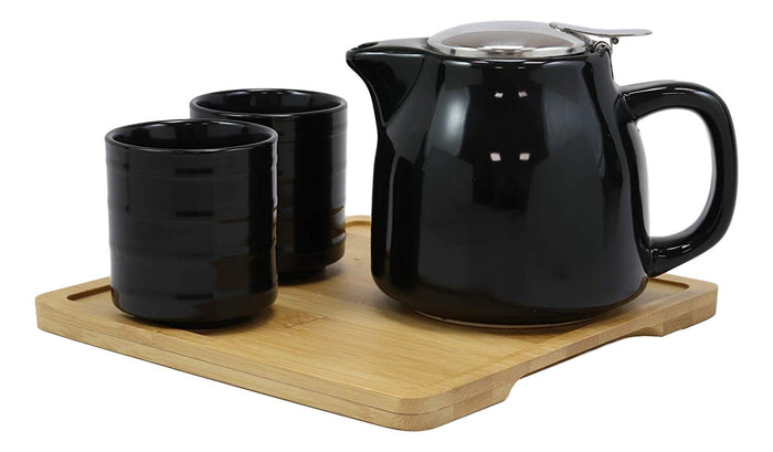 Ebros Midnight Black Contemporary Ceramic 20oz Tea Pot With 2 Cups And Bamboo Tray Set