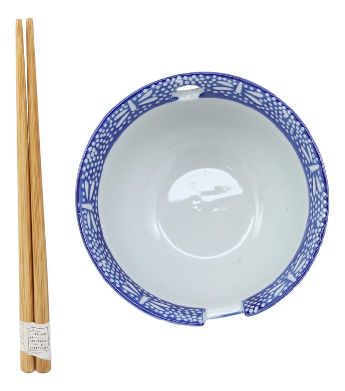 Ebros Ming Style Blue And Black Ramen Udong Noodles 5" Diameter Bowl With Built In Chopsticks Rest And Bamboo Chopsticks Set For Asian Dining Soup Rice Meal Bowls Decor Kitchen (Tombo Dragonfly)