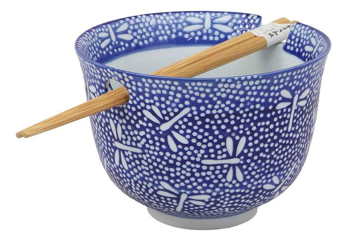 Ebros Ming Style Blue And Black Ramen Udong Noodles 5" Diameter Bowl With Built In Chopsticks Rest And Bamboo Chopsticks Set For Asian Dining Soup Rice Meal Bowls Decor Kitchen (Tombo Dragonfly)