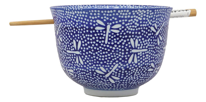 Ebros Ming Style Blue And Black Ramen Udong Noodles 5" Diameter Bowl With Built In Chopsticks Rest And Bamboo Chopsticks Set For Asian Dining Soup Rice Meal Bowls Decor Kitchen (Tombo Dragonfly)