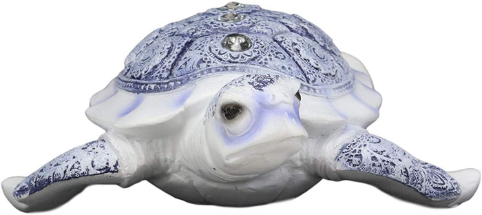 Ebros Ming Style Terracotta Blue And White Feng Shui Celestial Sea Turtle Statue With Crystals 7.5" Wide