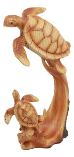 Ebros Mother And Baby Sea Turtle Decor Statue 9" Tall Faux Wood Resin Figurine