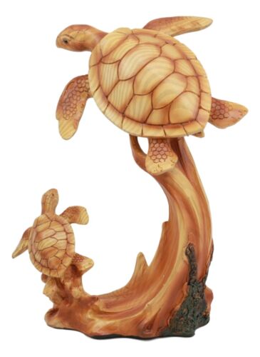 Ebros Mother And Baby Sea Turtle Decor Statue 9" Tall Faux Wood Resin Figurine