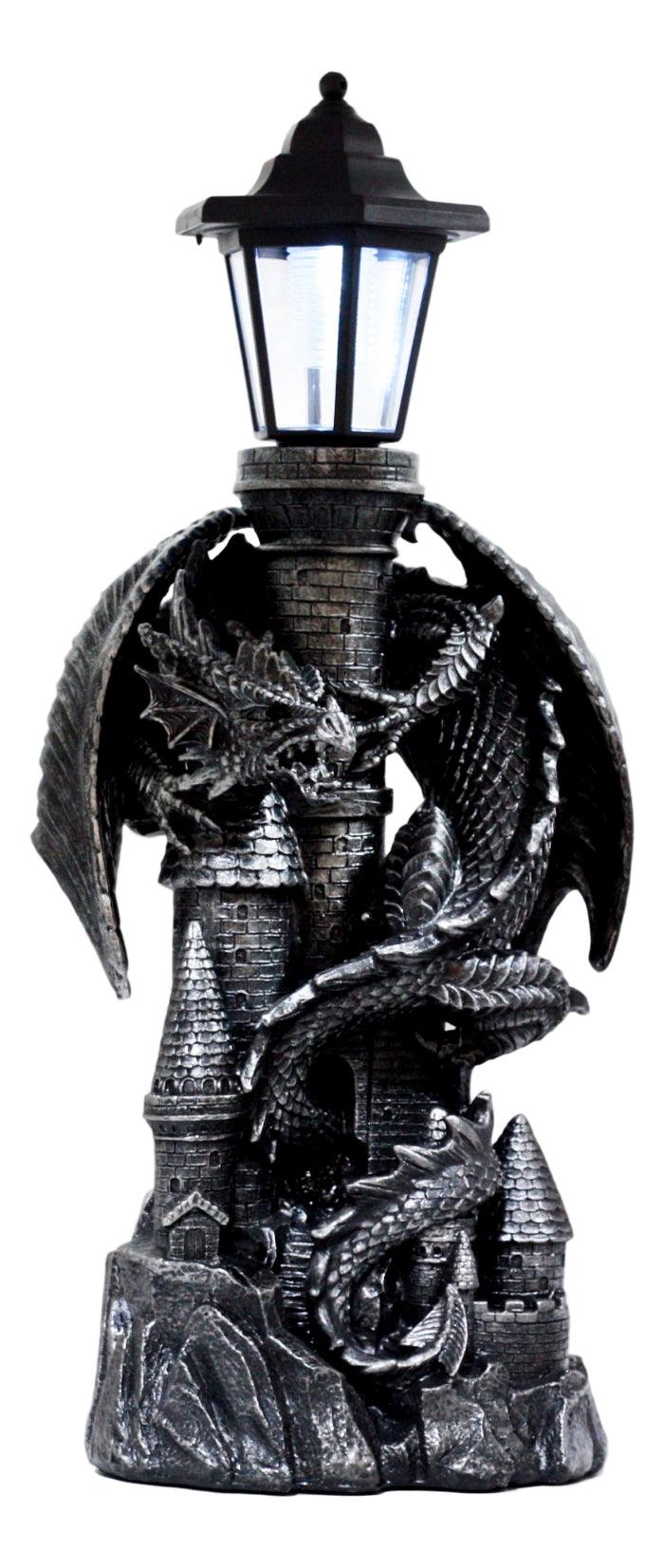 Ebros Mystical Rocky Top Castle Dungeon Guardian Dragon Solar LED Light Lantern Statue