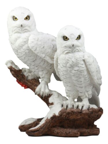 Ebros Mystical Two White Snowy Owl Couple Perching On Tree Branch Statue 12.25"Tall
