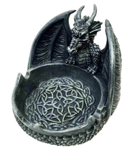 Ebros Mythical Guardian Dragon With Celtic Knotwork Round Cigarette Ashtray Statue 5.5" Wide Faux Stone Resin Legend Of The Swords Dragon Sculpture