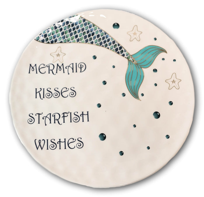 Ebros Nautical Blue Mermaid Kisses Starfish Wishes Ceramic Dinner Plates 2 Pack