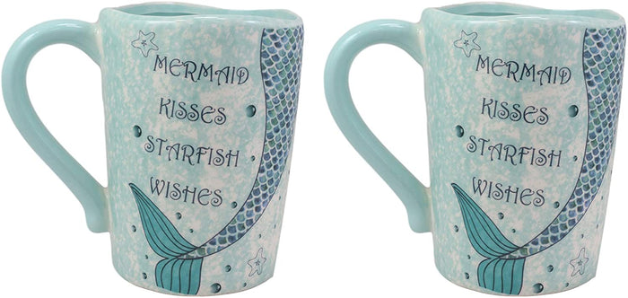 Ebros Nautical Blue Mermaid Kisses Starfish Wishes Ceramic Mug 18oz Set of 2