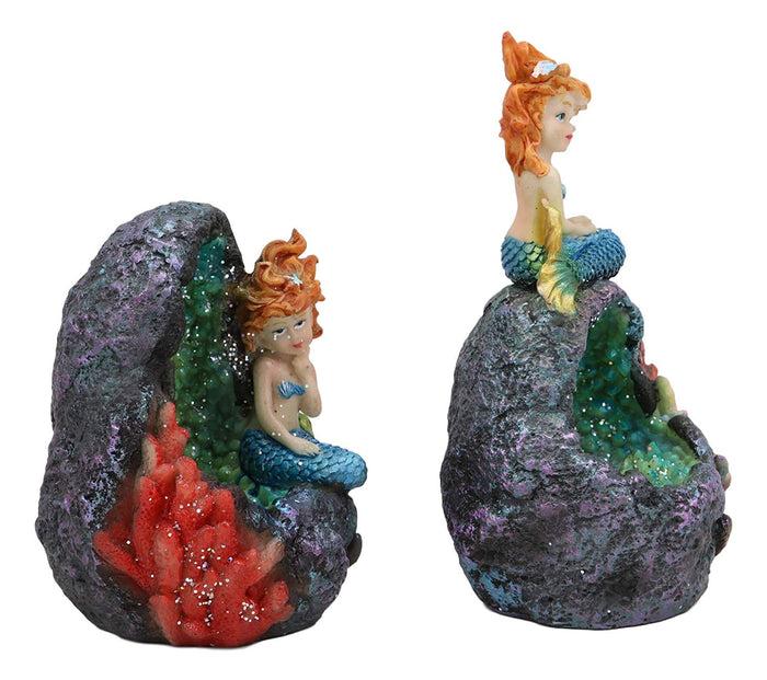 Ebros Nautical Blue Tail Mermaids With LED Light Geode Crystal Cave Figurines Set Of 2