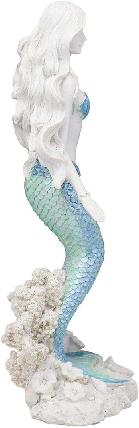 Ebros Nautical Blue Tailed Siren Mermaid Ariel Standing By Corals Statue 11.75"H