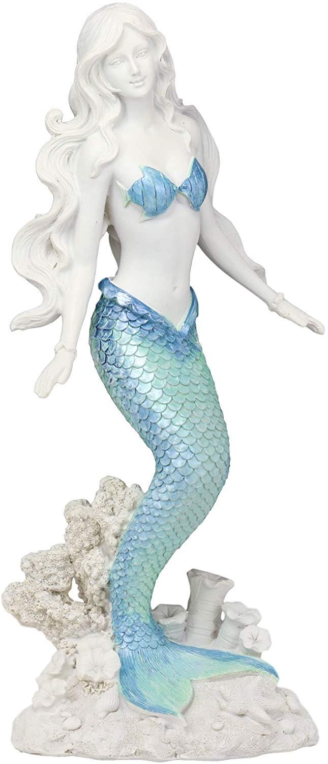 Ebros Nautical Blue Tailed Siren Mermaid Ariel Standing By Corals Statue 11.75"H