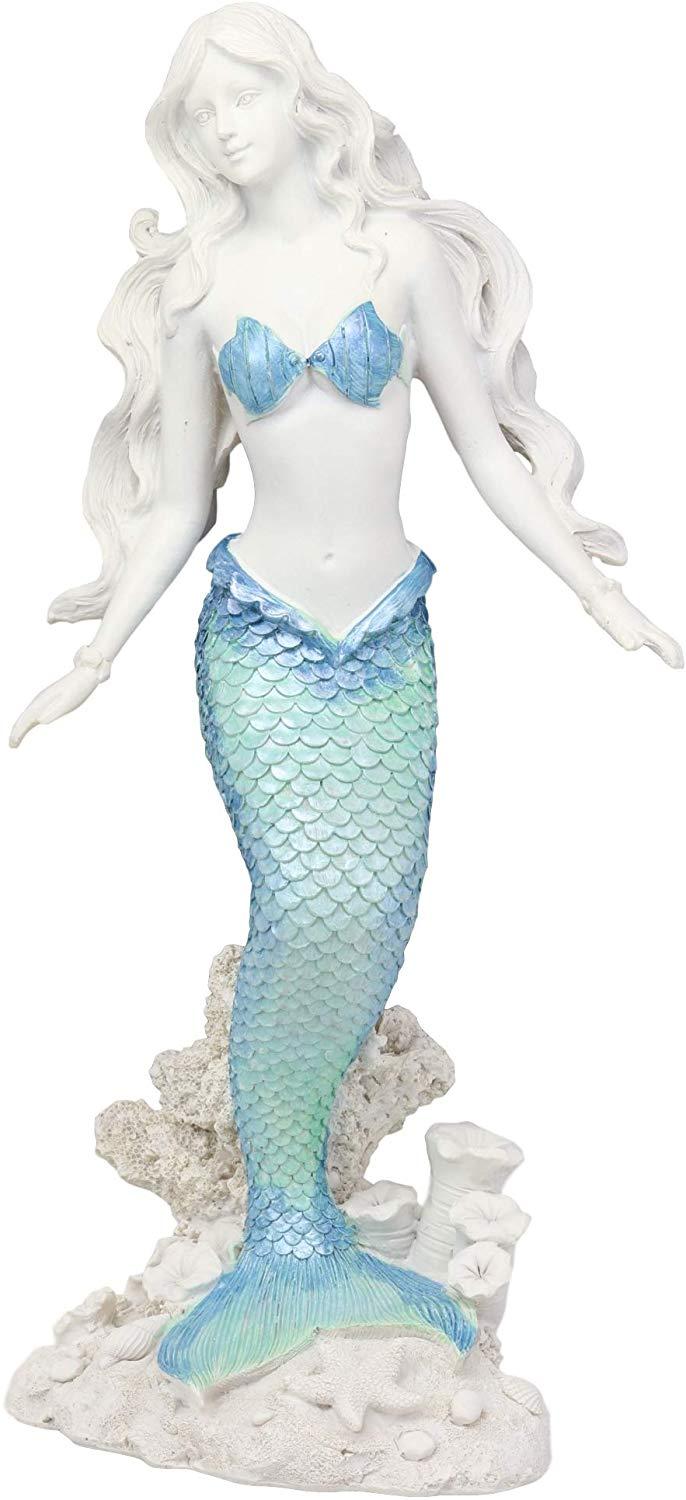 Ebros Nautical Blue Tailed Siren Mermaid Ariel Standing By Corals Statue 11.75"H