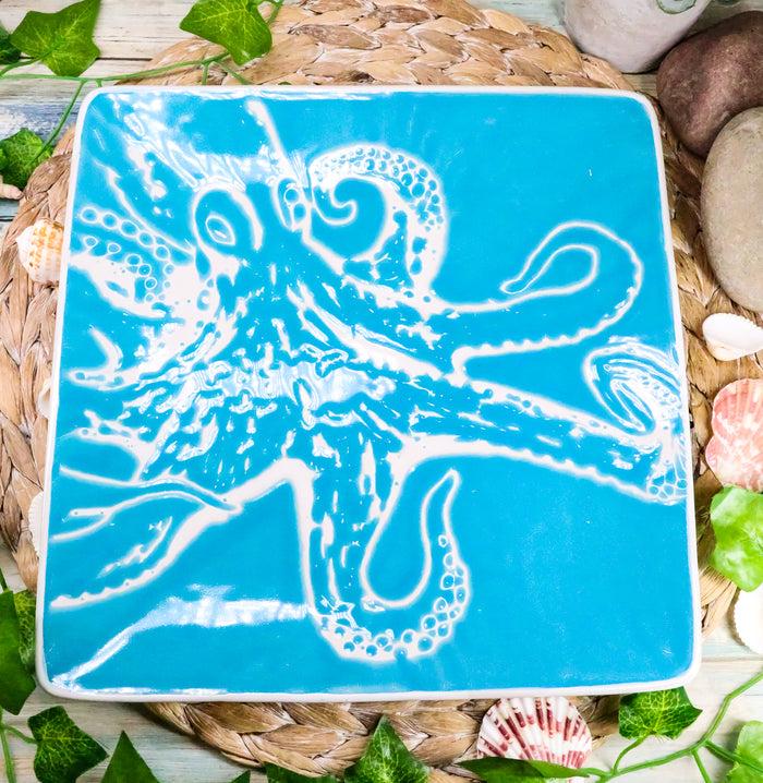 Ebros Nautical Giant Octopus Blue Large Dinner Plate Set Of 2 Square 10.75"D