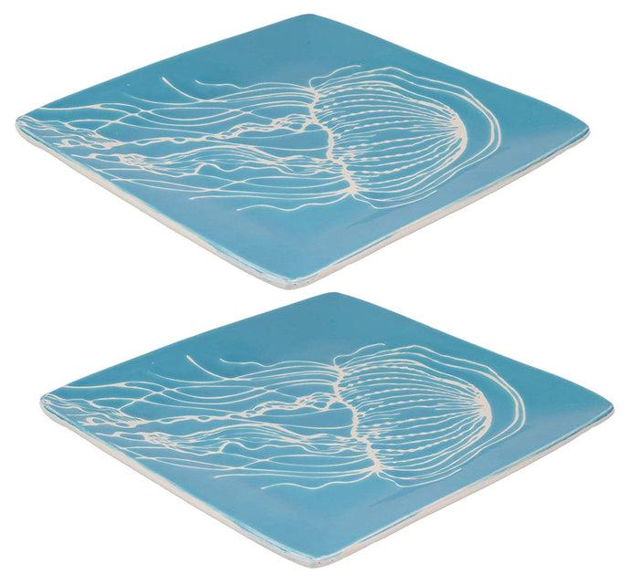 Ebros Nautical Jellyfish Abstract Blue Salad Dessert Plate Set Of 2 Square 8.5"