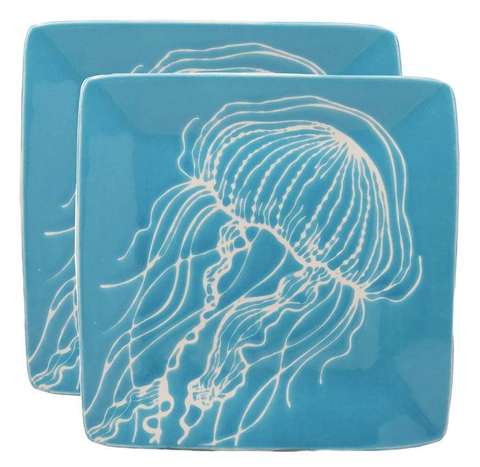 Ebros Nautical Jellyfish Abstract Blue Salad Dessert Plate Set Of 2 Square 8.5"