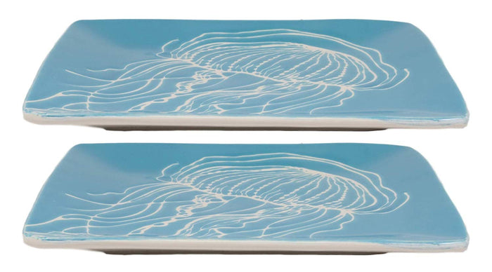Ebros Nautical Jellyfish Abstract Blue Salad Dessert Plate Set Of 2 Square 8.5"