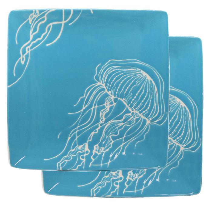Ebros Nautical Jellyfish Art Blue Large Dinner Plate Set Of 2 Square 10.75"