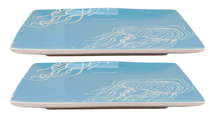 Ebros Nautical Jellyfish Art Blue Large Dinner Plate Set Of 2 Square 10.75"