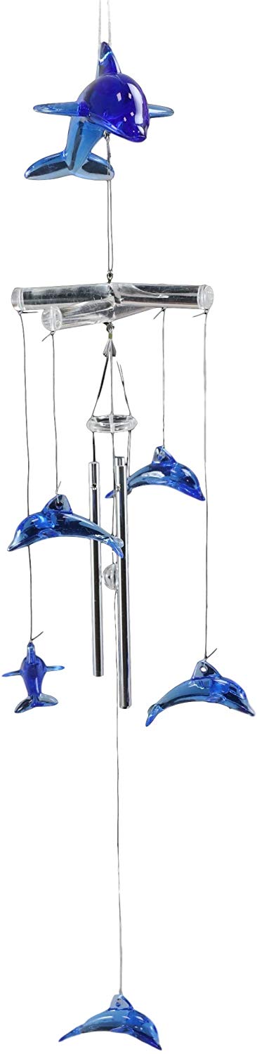 Ebros Nautical Marine Blue Swimming Dolphin Wind Chime 22" Long Acrylic Glass With Aluminum Rods