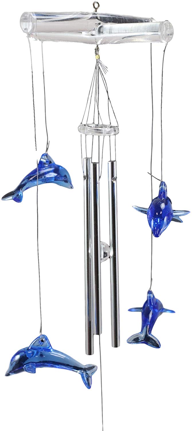 Ebros Nautical Marine Blue Swimming Dolphin Wind Chime 22" Long Acrylic Glass With Aluminum Rods