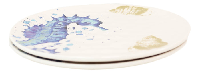Ebros Nautical Marine Blue & White Seahorse Ceramic Round Dinner Plates 2 Pack