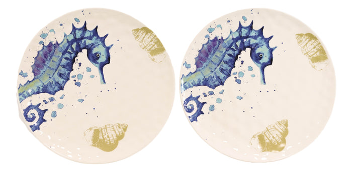 Ebros Nautical Marine Blue & White Seahorse Ceramic Round Dinner Plates 2 Pack