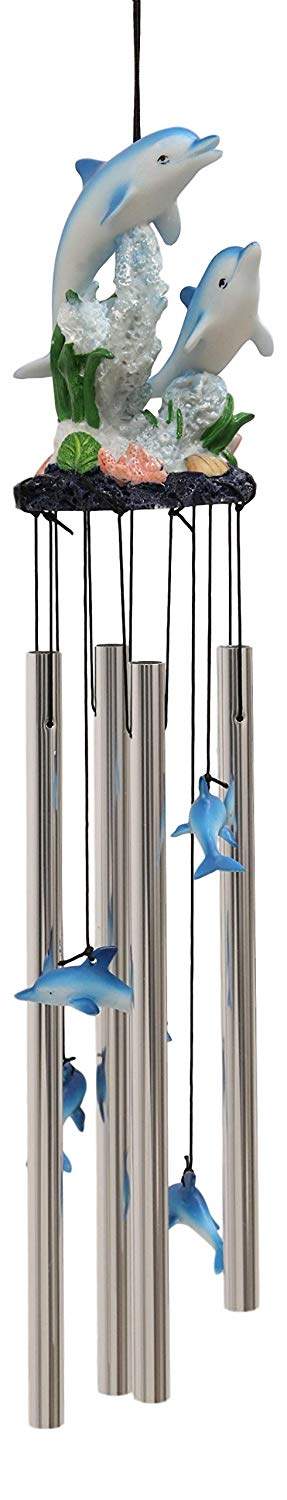 Ebros Nautical Marine Dolphin Family Swimming By Coral Reef Wind Chime 21" Long Resin Crown With Aluminum Rods Home Patio Garden Decor Of Dolphins Under The Sea Life Decorative Noisemakers