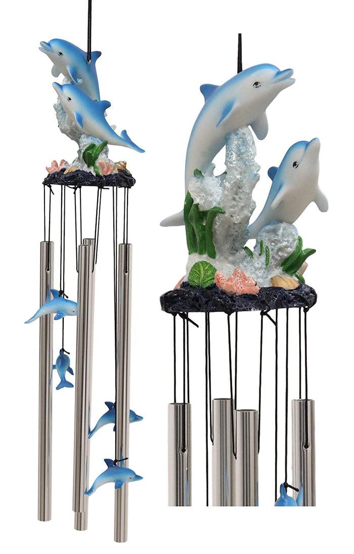 Ebros Nautical Marine Dolphin Family Swimming By Coral Reef Wind Chime 21" Long Resin Crown With Aluminum Rods Home Patio Garden Decor Of Dolphins Under The Sea Life Decorative Noisemakers