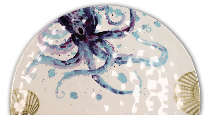 Ebros Nautical Marine Octopus Sea Shell Ceramic Round Dinner Plates 11"D 2-Pack