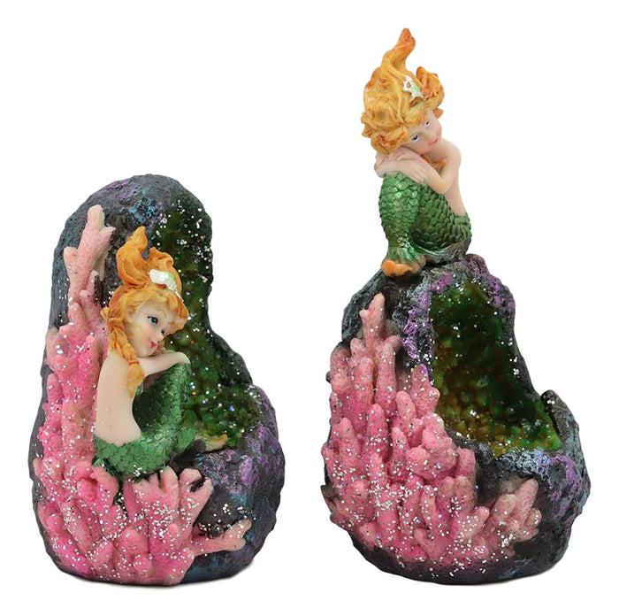 Ebros Nautical Ocean Mermaid Mergirl Sitting By Geode Crystal Cavern Under The Sea Statue With LED Accent Night Lights Set Of 2