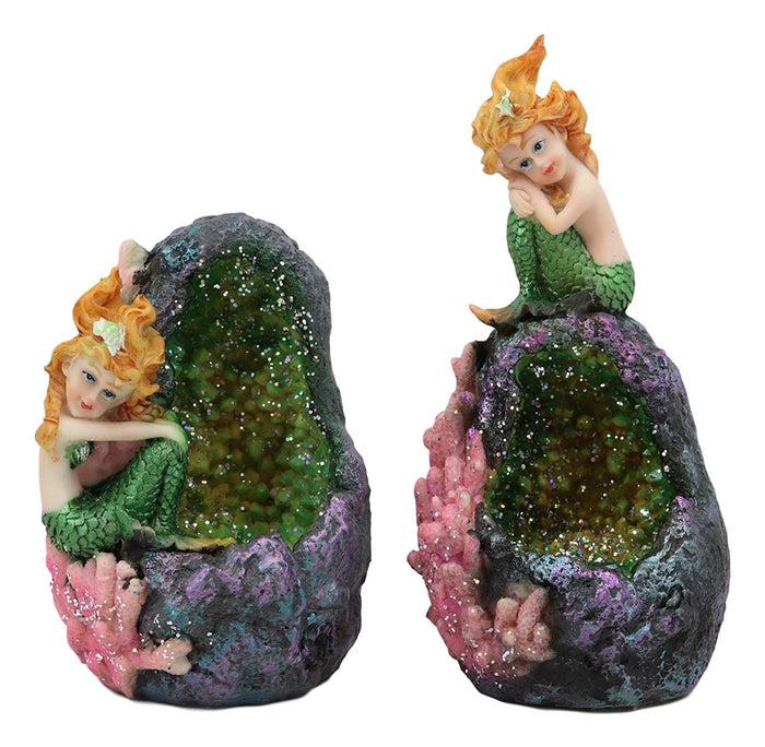 Ebros Nautical Ocean Mermaid Mergirl Sitting By Geode Crystal Cavern Under The Sea Statue With LED Accent Night Lights Set Of 2