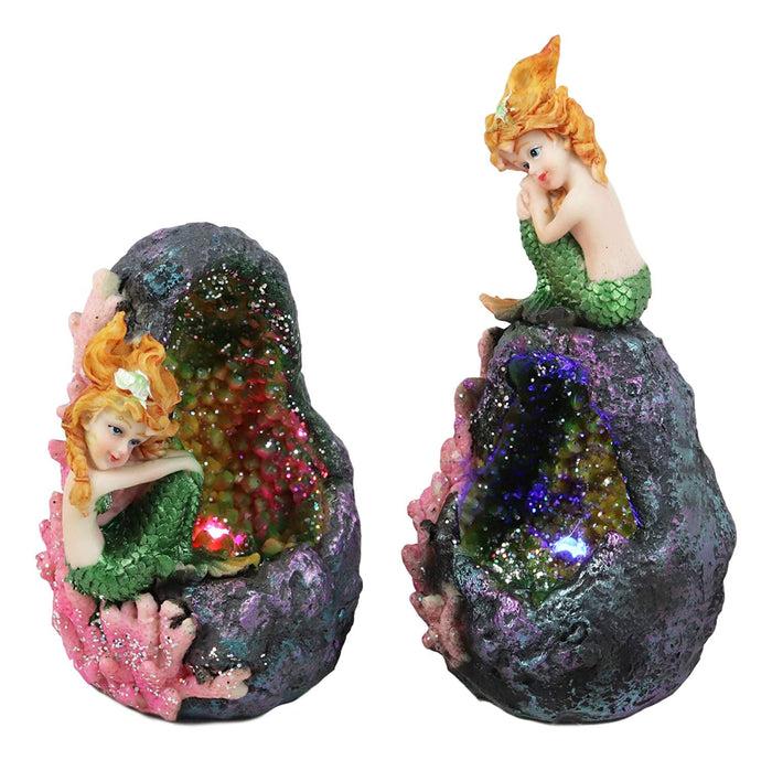 Ebros Nautical Ocean Mermaid Mergirl Sitting By Geode Crystal Cavern Under The Sea Statue With LED Accent Night Lights Set Of 2