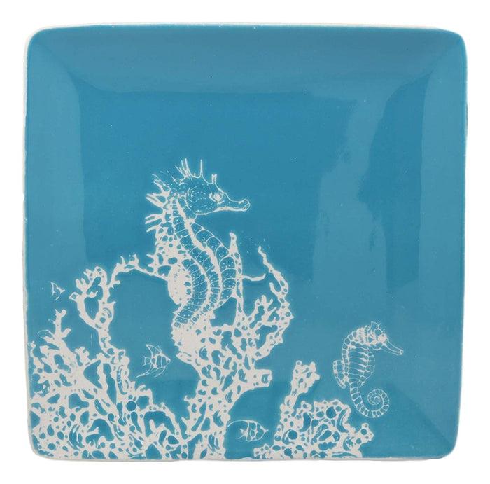 Ebros Nautical Seahorse By Corals Blue Large Dinner Plate Set Of 2 Square 10.75"