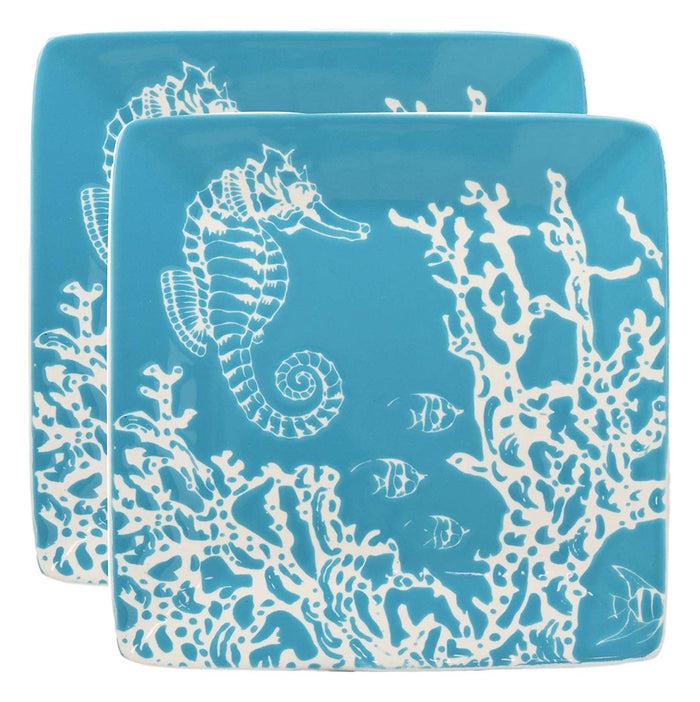Ebros Nautical Seahorse By Corals Blue Salad Dessert Plate Set Of 2 Square 8.5"