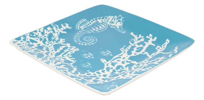 Ebros Nautical Seahorse By Corals Blue Salad Dessert Plate Set Of 2 Square 8.5"