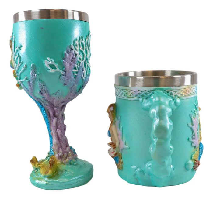 Ebros Nautical Turquoise Ocean Coral Reef Mermaid W/ Pearl Mug & Wine Goblet Set