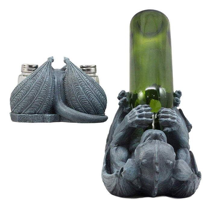 Ebros Night Abbadon Gothic Winged Gargoyle Wine Bottle Holder And Salt Pepper Shakers Figurine Set Of 2 Kitchen Cellar Decor Statue