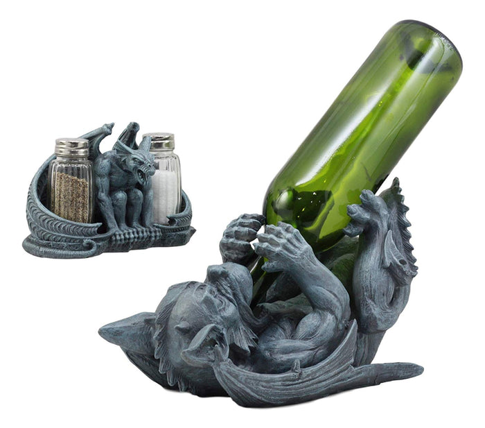 Ebros Night Abbadon Gothic Winged Gargoyle Wine Bottle Holder And Salt Pepper Shakers Figurine Set Of 2 Kitchen Cellar Decor Statue