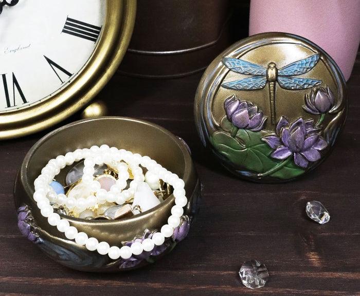 Ebros Nouveau Dragonfly Flitting Lily Over The Pond Round Jewelry Box Figurine
