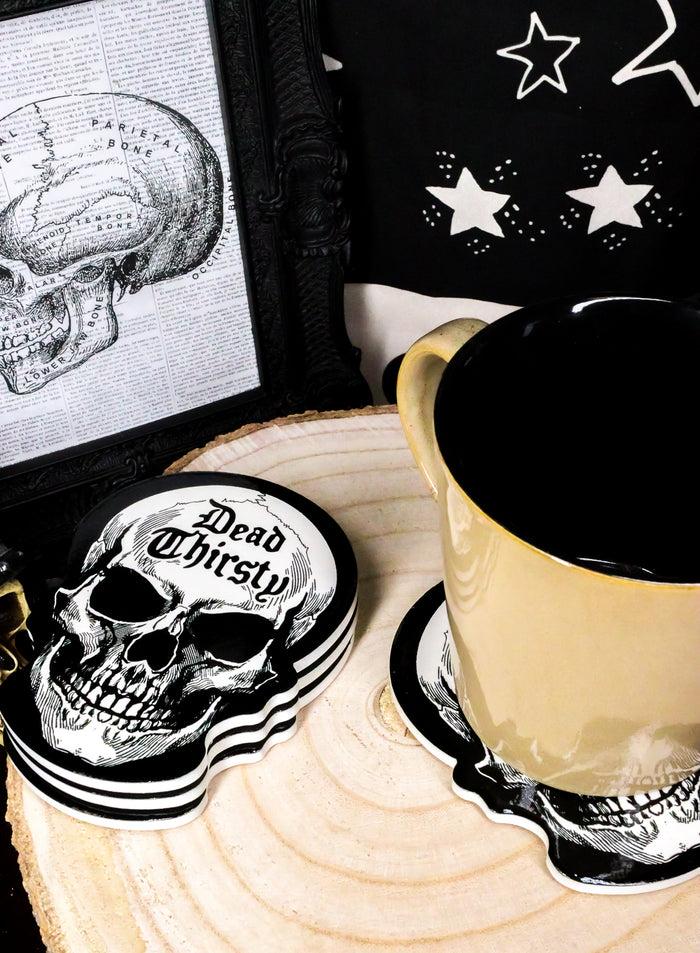 Ebros Occult Alchemy Dead Thirsty Skull Evil Grin Cork Back Ceramic Coasters Set Of 4